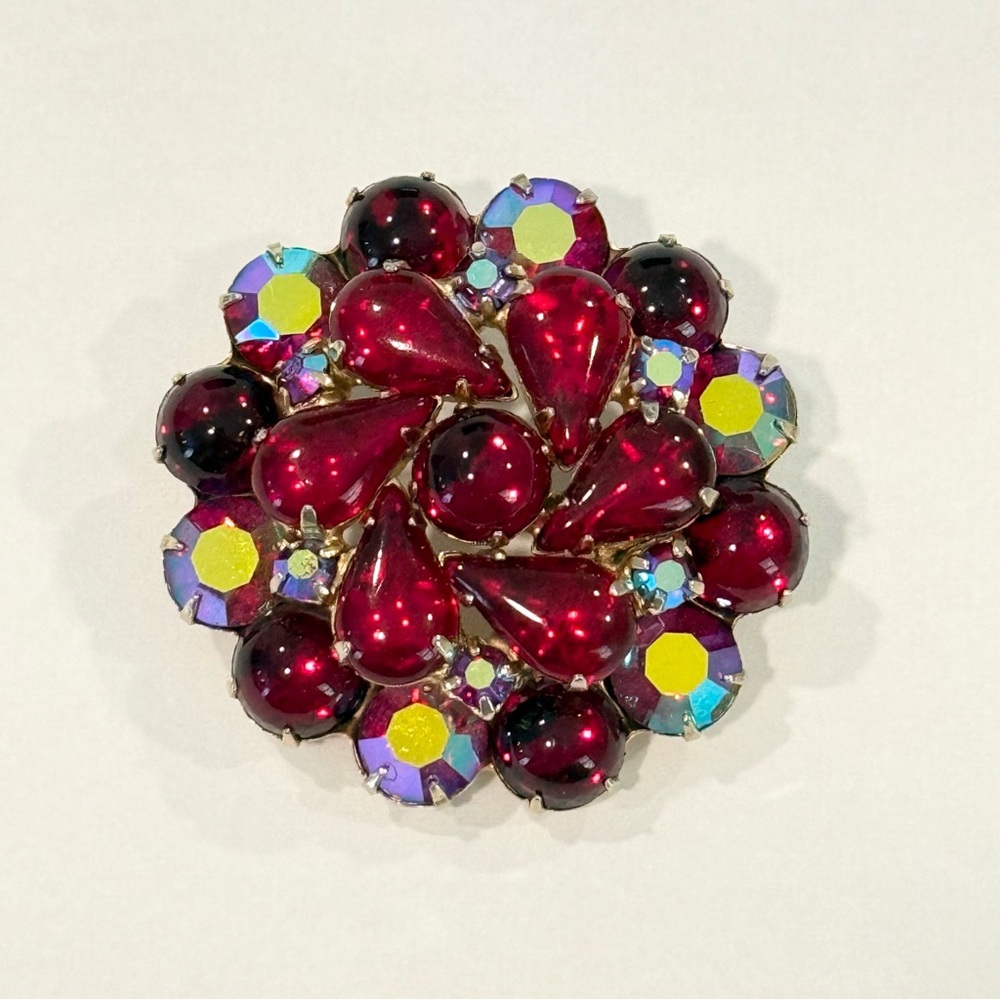Vintage Weiss Red Aurora Borealis Dome Brooch Jelly Prong Set Round Circle